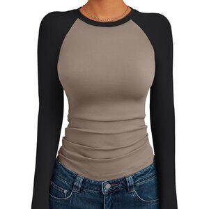 Women's Long Sleeve Shirts Slim Fit Stretchy Color Block Slightly Cropped Tops